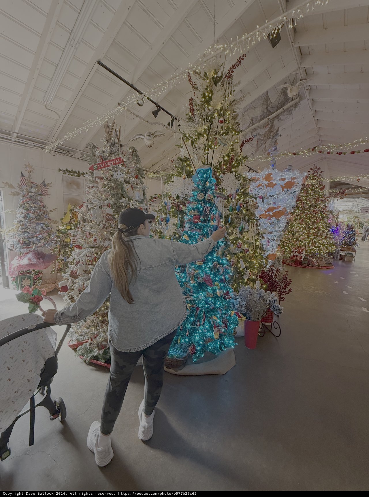 Woman Decorating Turquoise Christmas Tree in Holiday Display