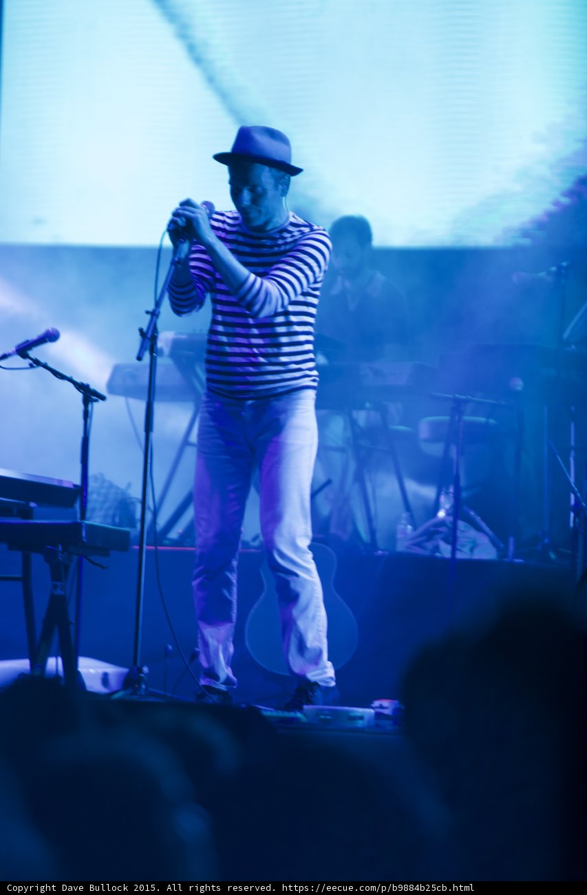 Belle and Sebastian Stuart Murdoch Solo Fedora Striped Shirt Mic Stand Blue Haze Keyboard