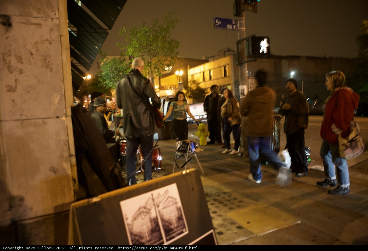 Nighttime Gathering on the City Sidewalk