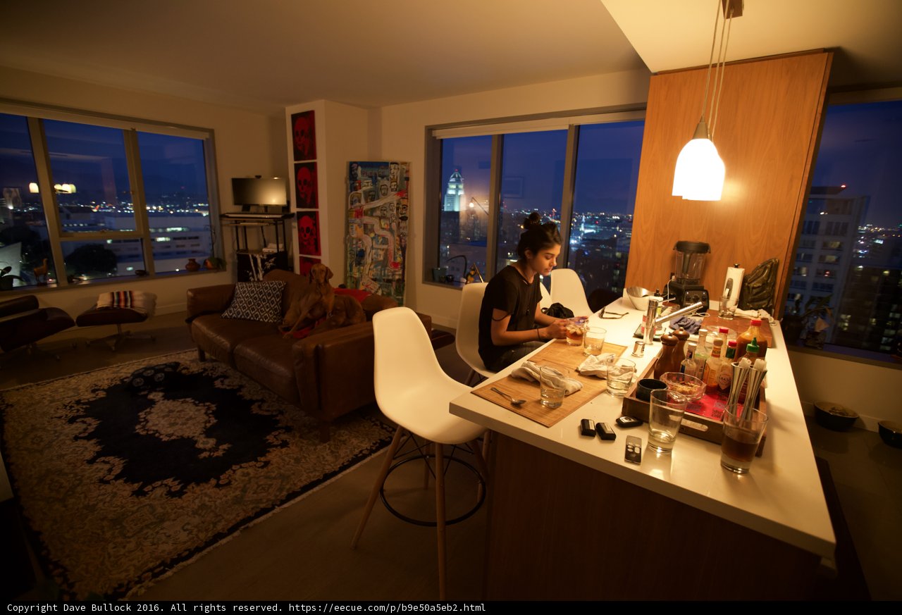 City view from cozy living room