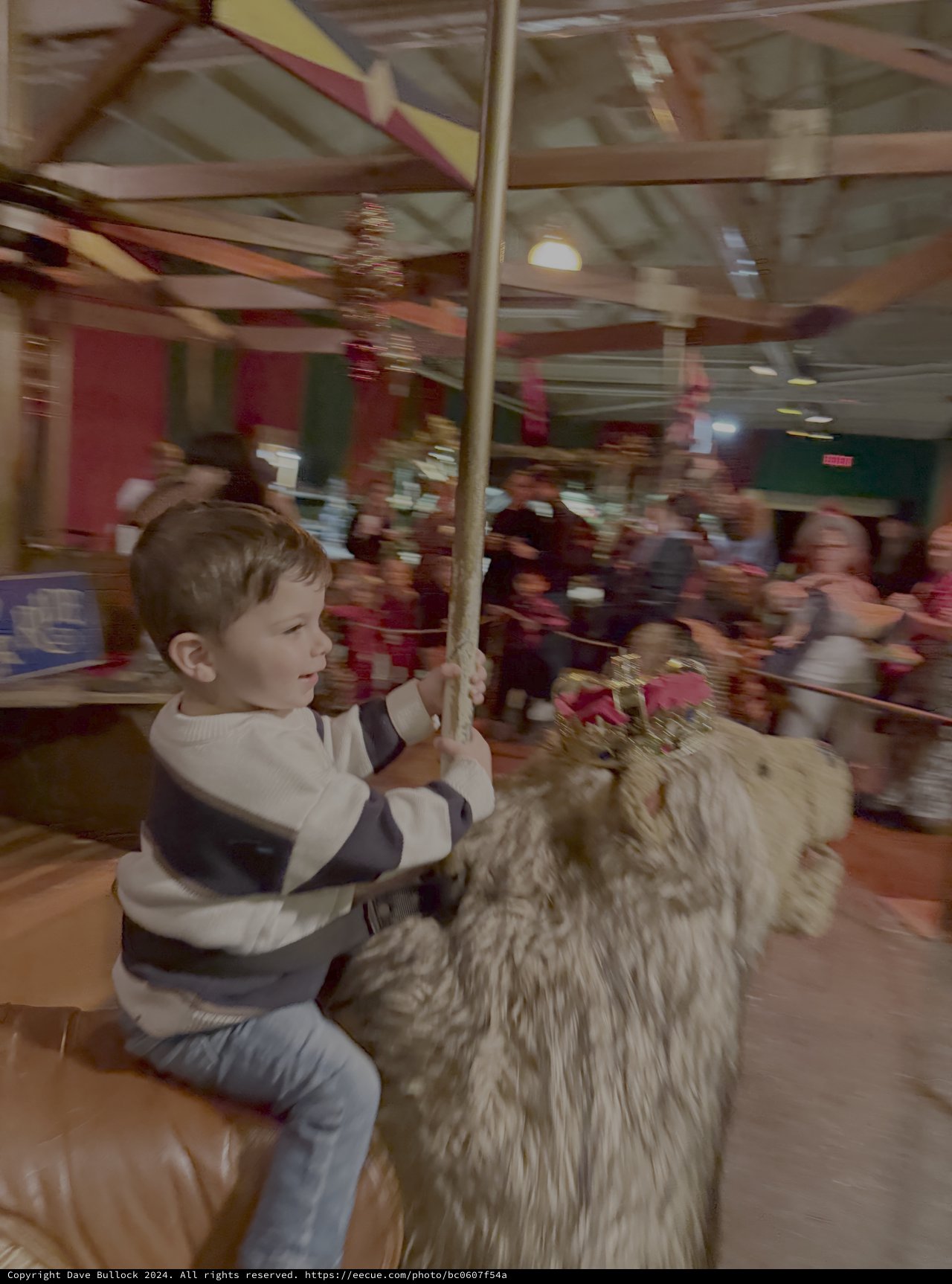 Child Rides Carousel Horse at Indoor Fair