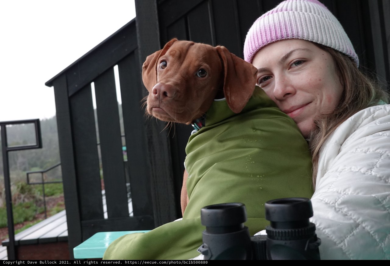 Woman and Dog Bundled Up Outdoors