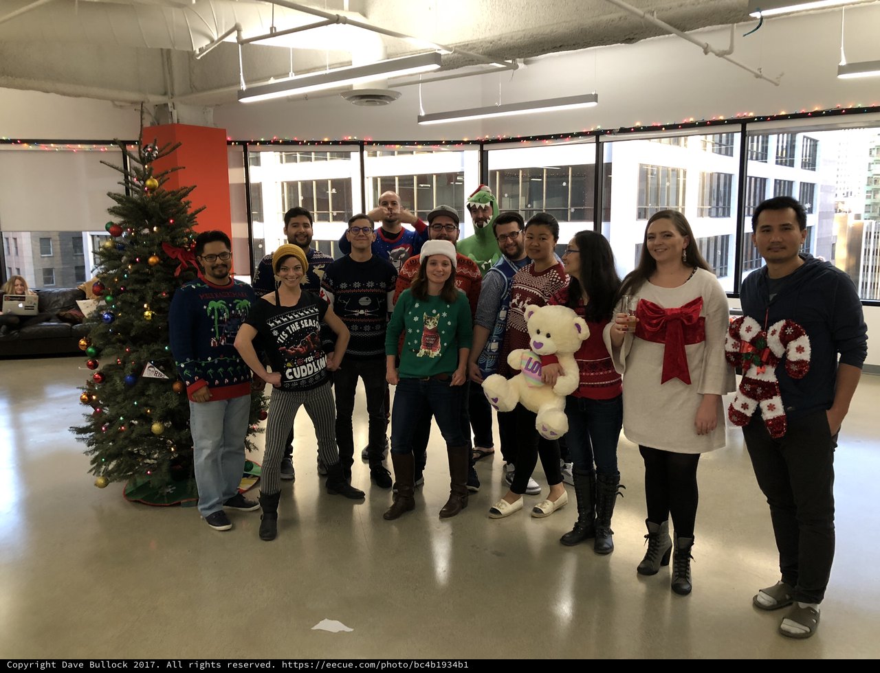 Office Ugly Christmas Sweater Party Group Photo 2017