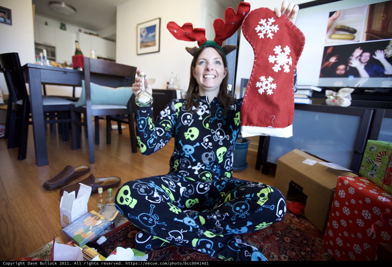 Joyful Christmas Morning with Skull Pajamas and Stocking