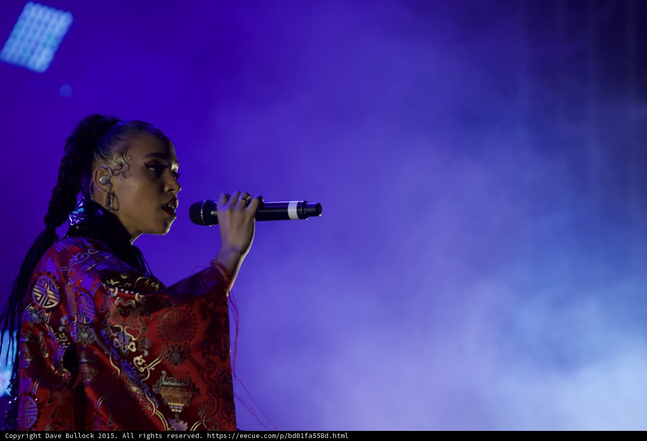 FKA twigs Profile Portrait Singing Baby Hairs Hoop Earrings Septum Ring Braided Ponytails Kimono Gold Patterns Purple Haze LED Panel