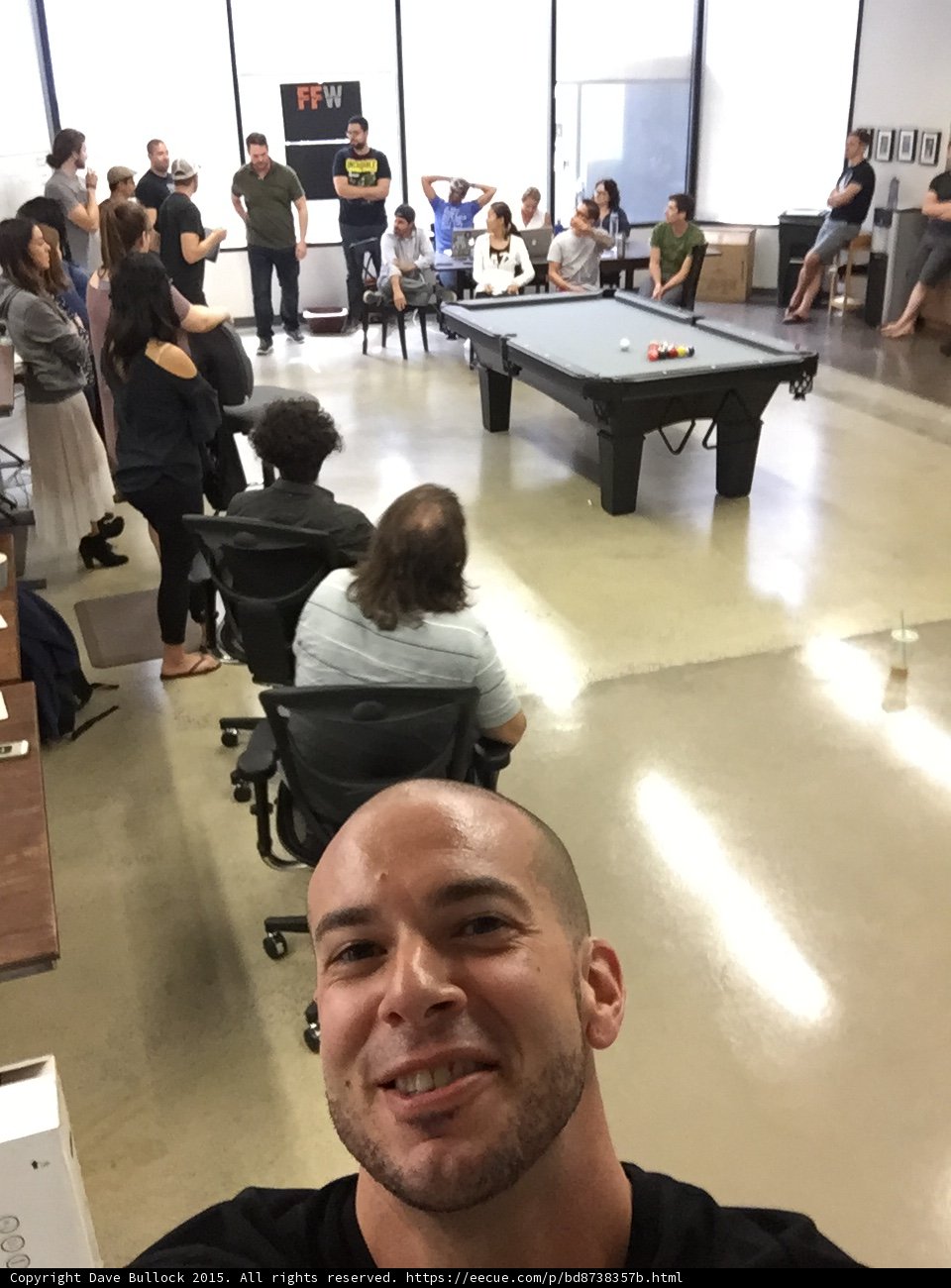 FFW Office All Hands Meeting Selfie Pool Table Employees Gathered Tech Startup Interior Modern Open Floor Plan