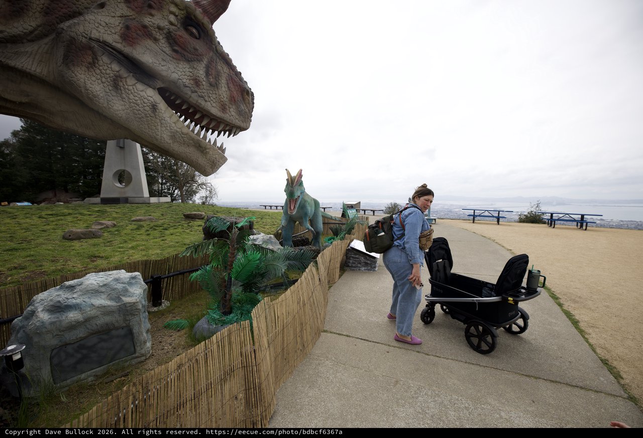 Woman with Stroller Encounters Dinosaur Display at Hilltop Park