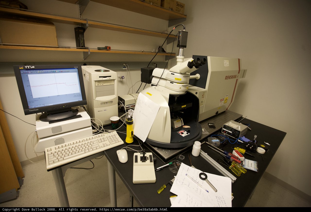 Desk Setup with Computer Monitor and Microscope