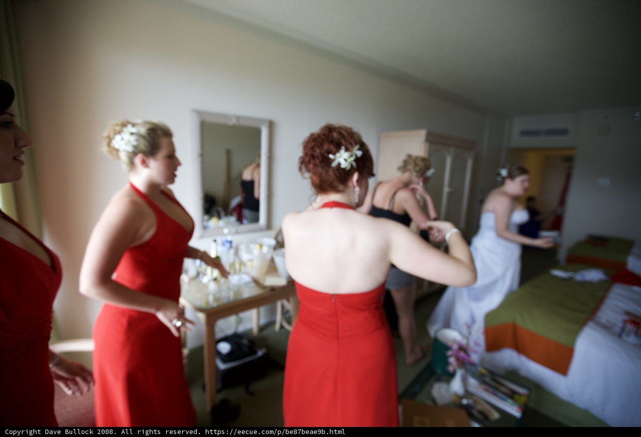 Red-Dressed Bridesmaids Prepping for Their Big Day
