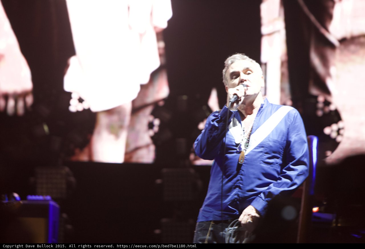Morrissey Three Quarter Portrait Blue Shirt Necklaces Smiths Dangling Hands Video Screen Yellow Amp