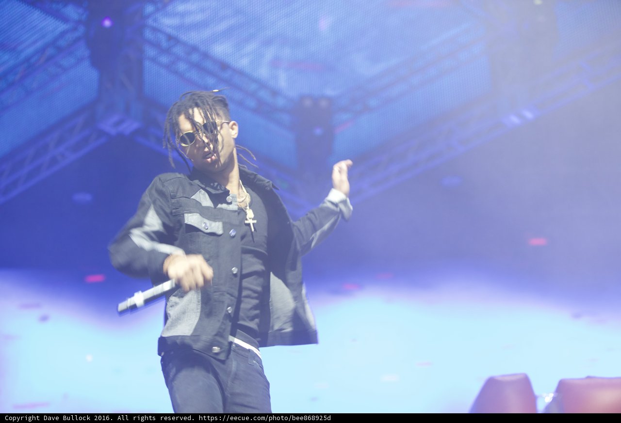 Rocking the Stage Caption: A musician in sunglasses and a black jacket delivers a solo performance at Coachella 2016, as an enthusiastic crowd looks on under the bright lights.