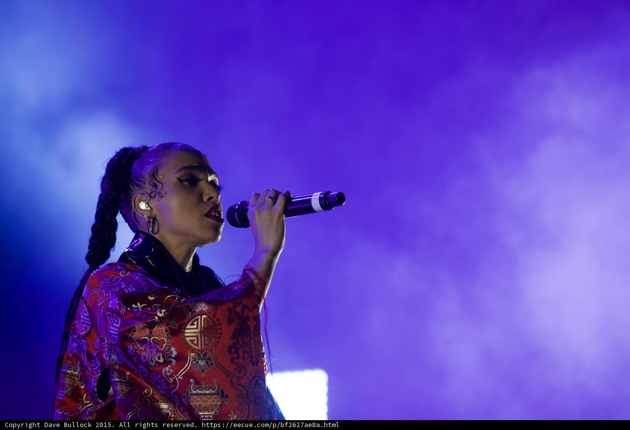 FKA twigs Profile Portrait Singing Baby Hairs Swirls Hoop Earrings Septum Ring Red Lipstick Black Choker Braided Ponytails Kimono Gold Patterns Purple Haze LED Panel
