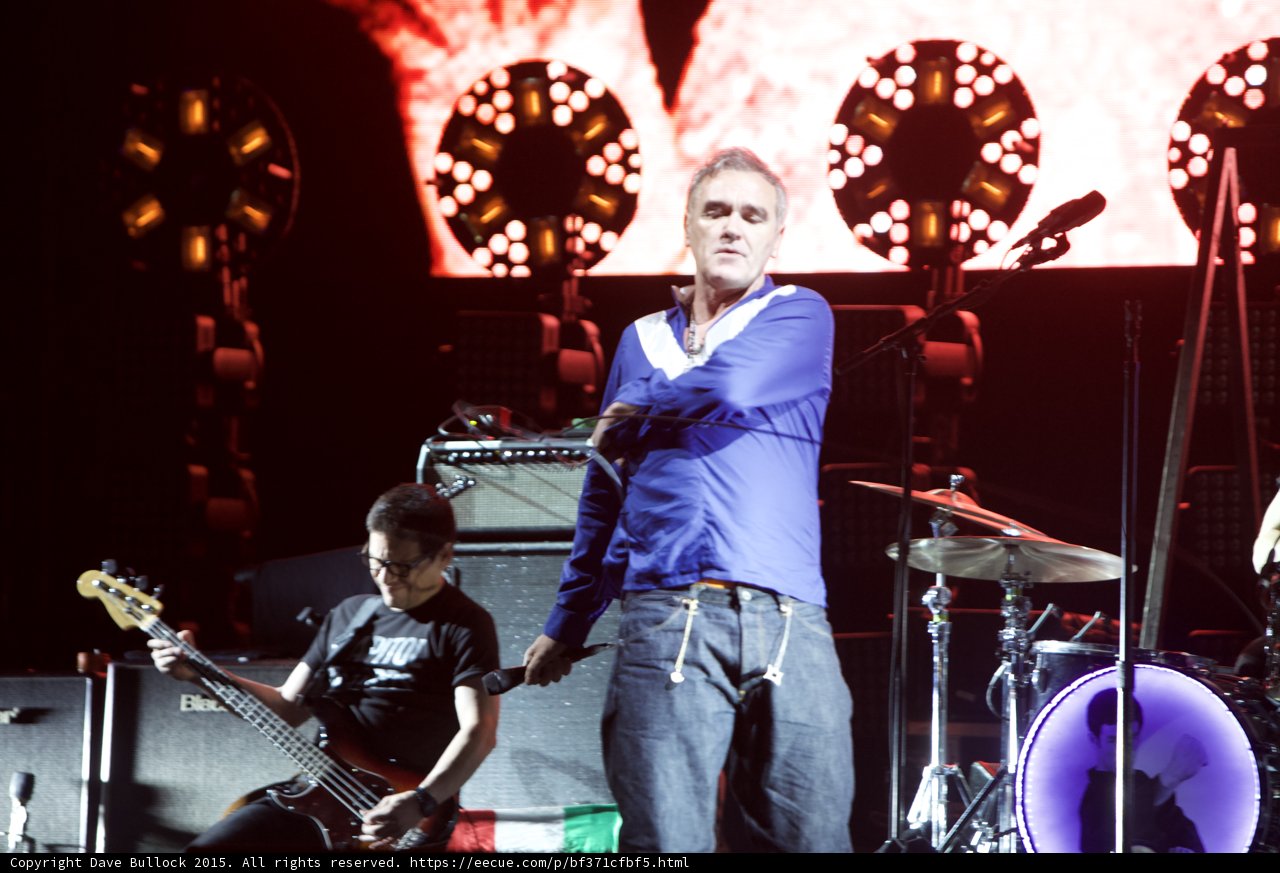 Morrissey Standing Casually Blue Shirt Bassist Capitol Tee Italian Flag LED Drum Head Cymbals