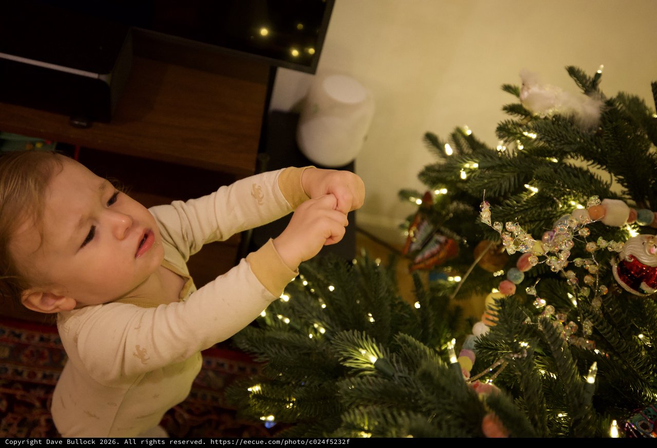 Toddler Decorating Christmas Tree with Ornaments