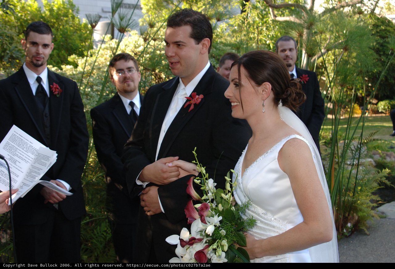 Outdoor Wedding Ceremony Ring Exchange in Garden