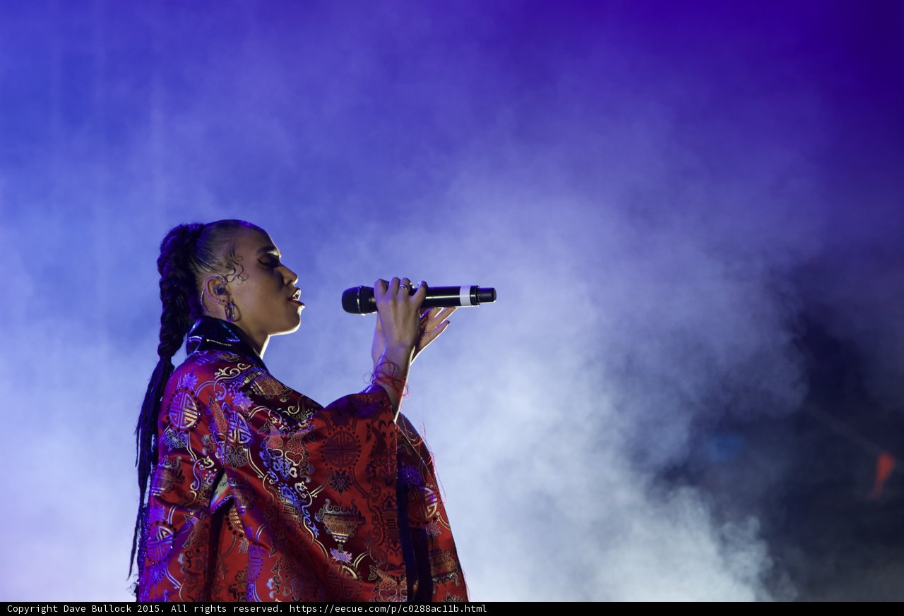 FKA twigs Beautiful Upper Body Profile Singing Eyes Closed Baby Hairs Swirls Hoop Earrings Braided Ponytail Black Choker Rings Kimono Red Brocade Gold Purple Patterns Purple Blue Lighting Heavy White Haze