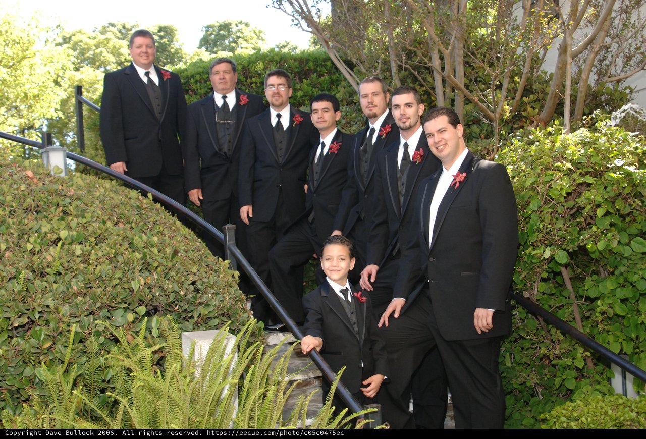 Groomsmen Posed on Outdoor Staircase at Wedding