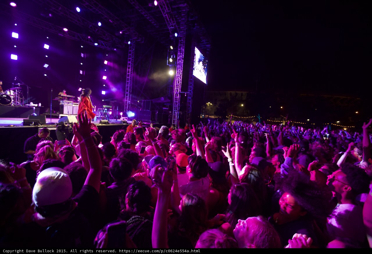 FYF Fest Wide Crowd Shot Stage Arms Raised Video Screen Purple Pink Night