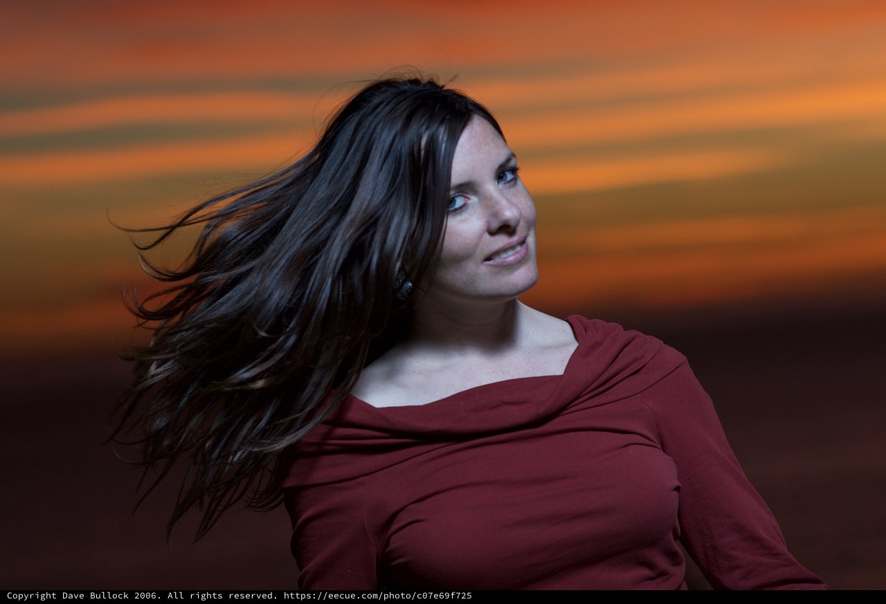 Wind-Swept Beauty Glowing Against Fiery Sunset Sky