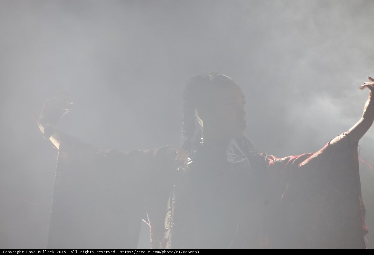 FKA twigs Close Up Backlit Silhouette Arms Spread Heavy White Haze Braids Red Kimono Microphone Expressive Hand