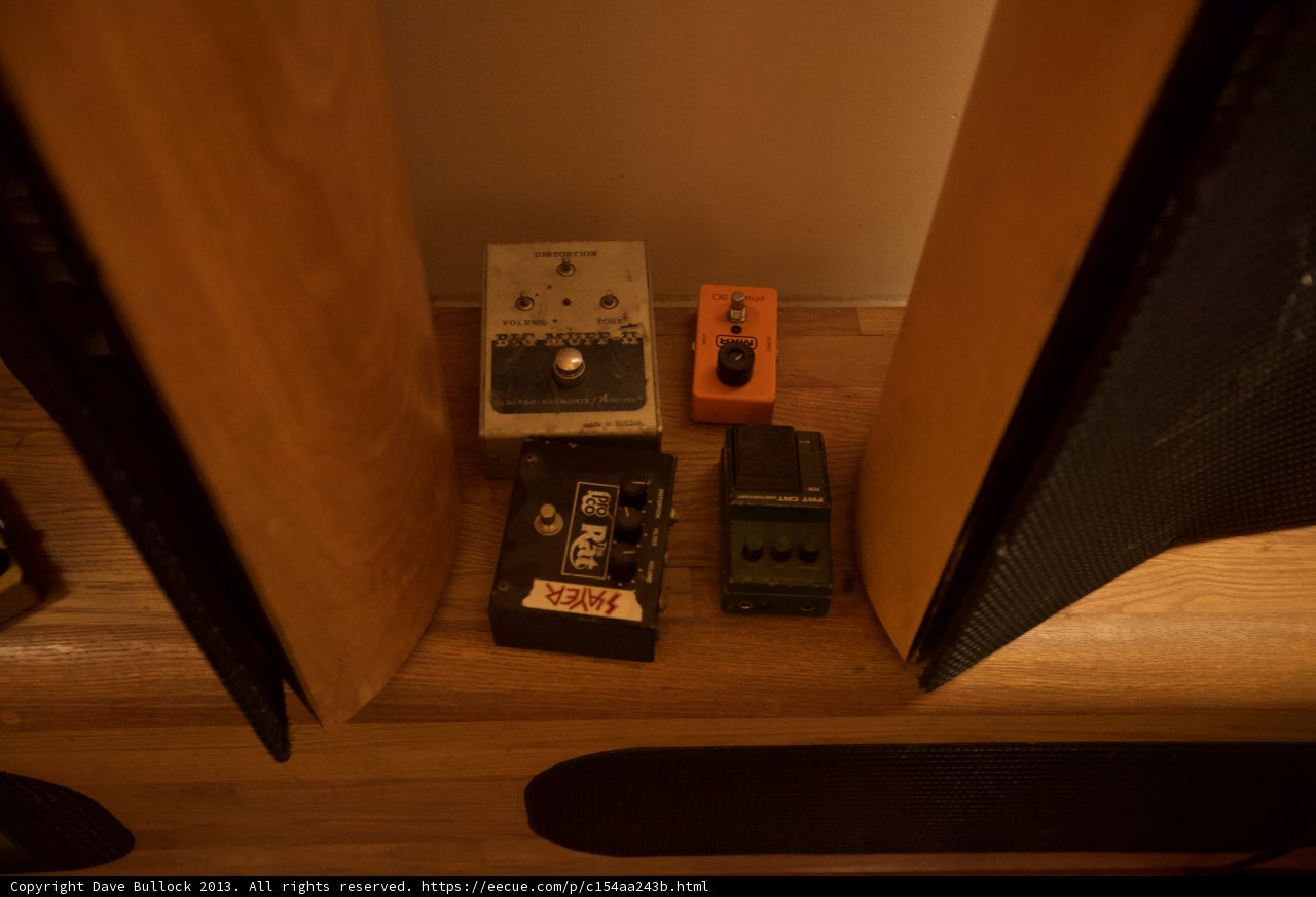Vintage Guitar Pedals on Hardwood Flooring
