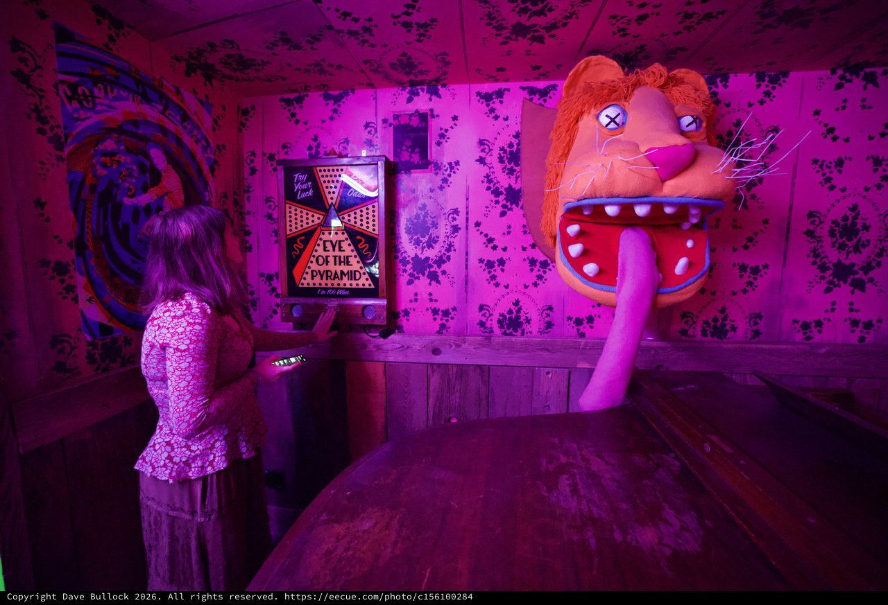 Fortune Teller Machine in Purple-Lit Arcade Room