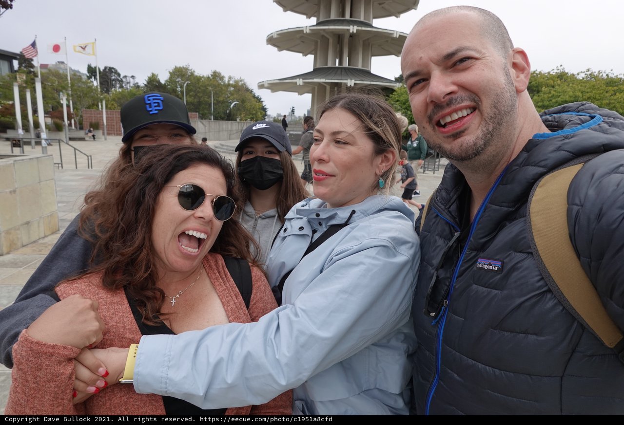 Friends Taking Joyful Group Selfie at Pagoda