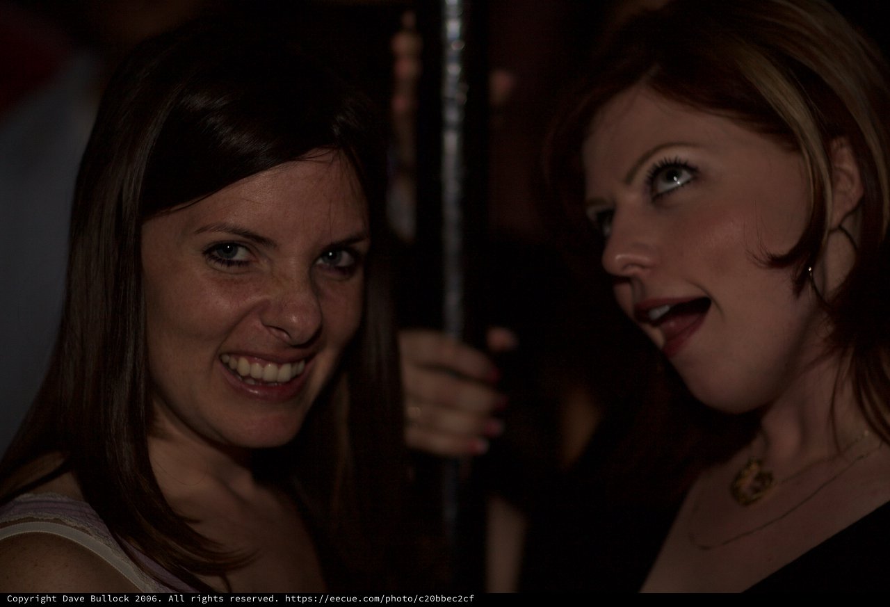 Two Women Smiling Together at Nightlife Venue