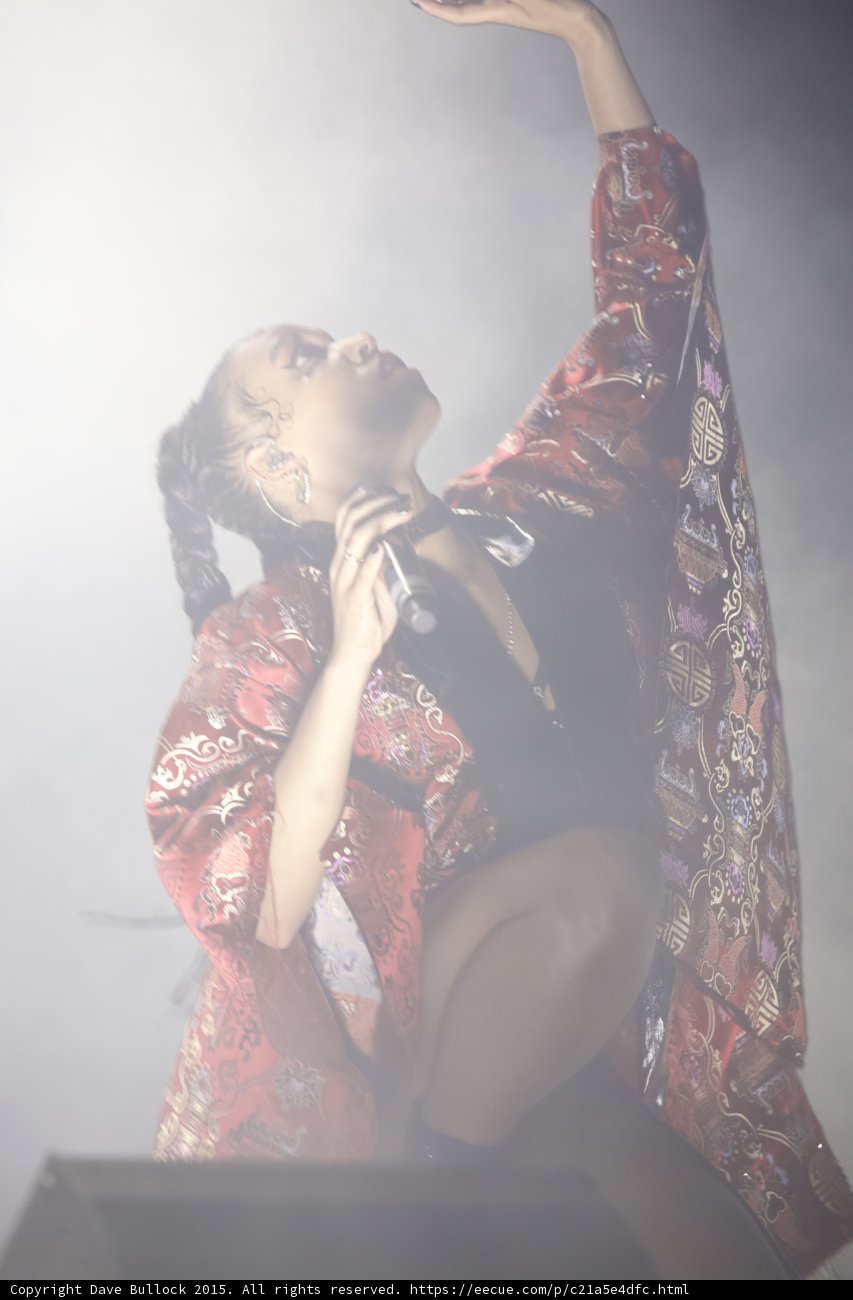 FKA twigs Incredible Portrait Looking Up Baby Hairs Hoop Earrings Chain Jewelry Braided Ponytails Red Brocade Kimono Gold Purple Patterns Arm Raised