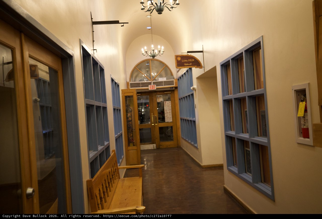 Historic Santa Fe Hotel Corridor with Vaulted Ceiling