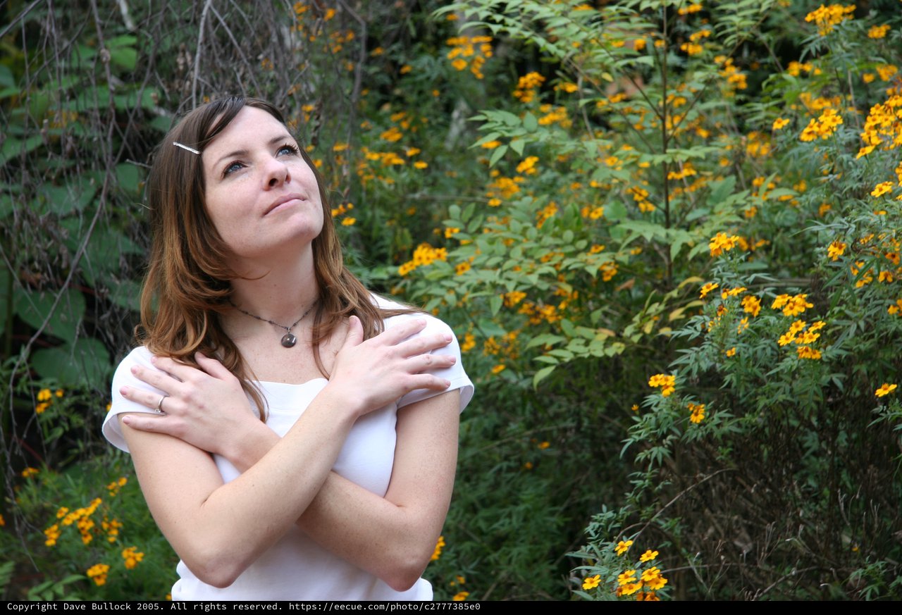 Young Woman Gazing Upward Among Yellow Wildflowers