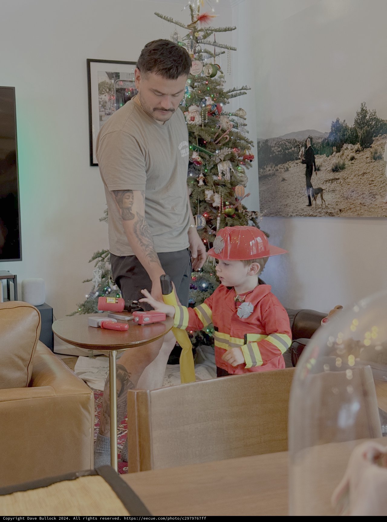 Father and Son Christmas Morning Firefighter Gift