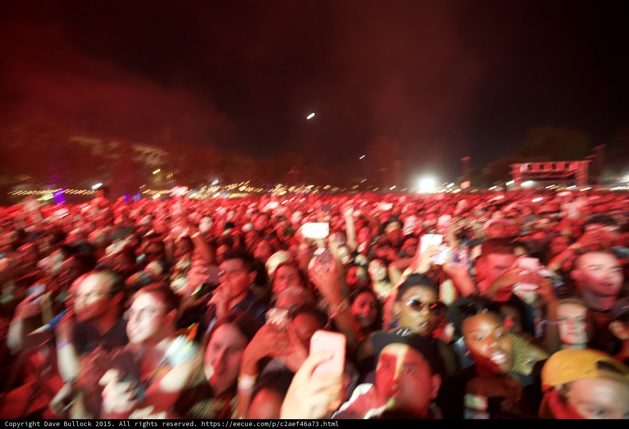 FYF Fest Wide Crowd Motion Blur Heavy Red Lighting Moon Night Woman Sunglasses Stage Scaffolding