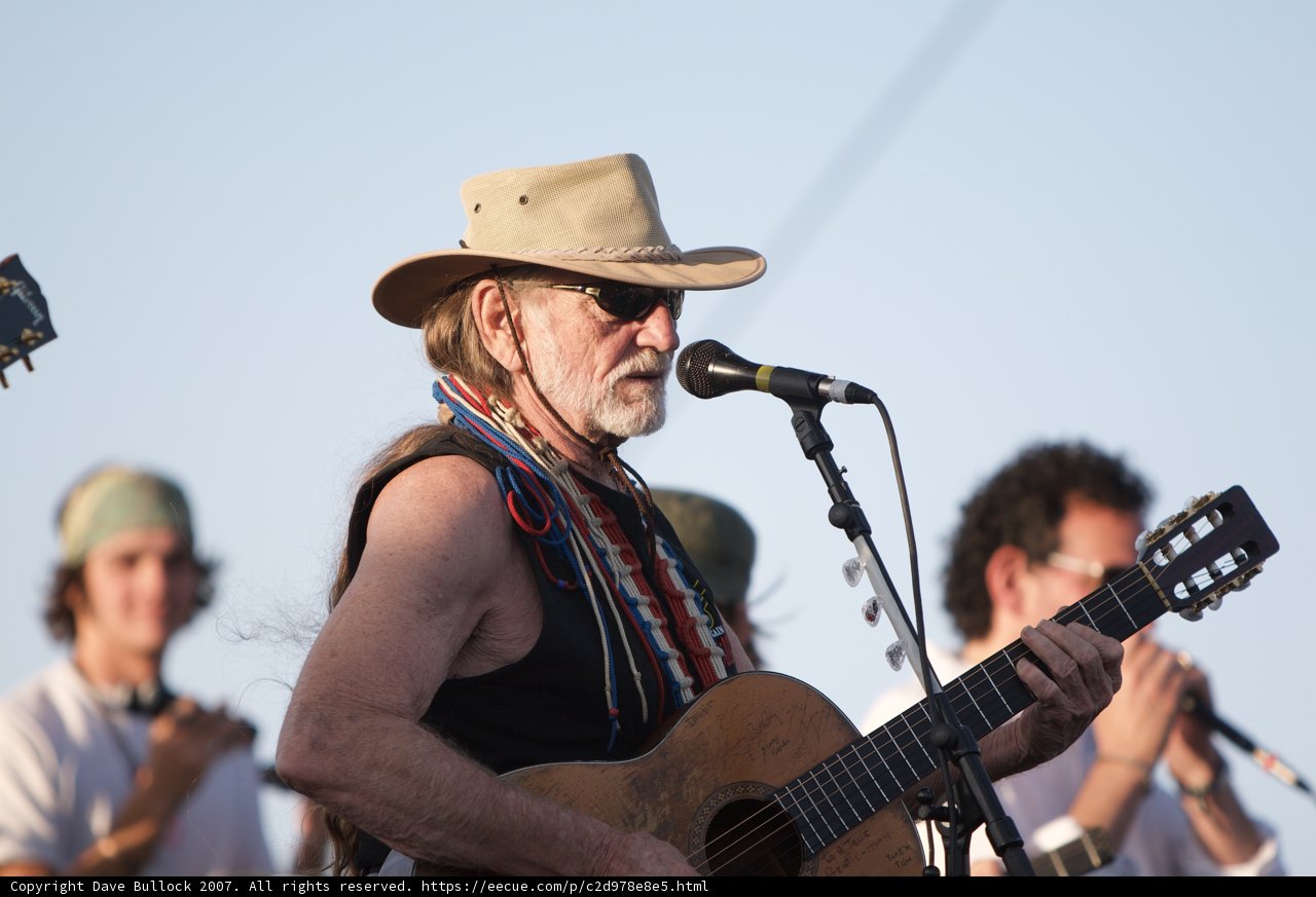 Willie Nelson strums his guitar under the California sky