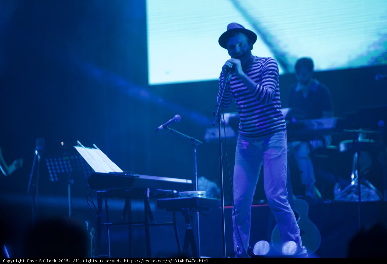 Belle and Sebastian Stuart Murdoch Full Body Fedora Striped Shirt Spotlight Beam Band Blue