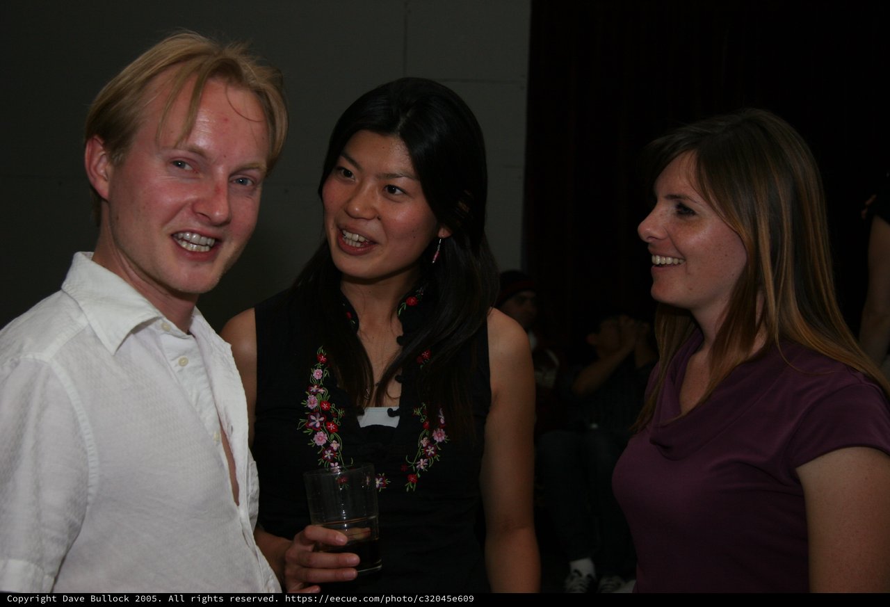 Three Friends Socializing at an Indoor Evening Event