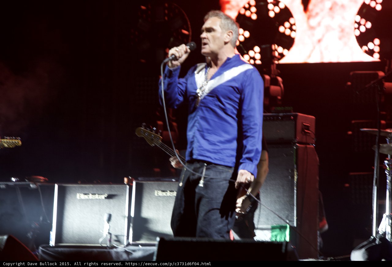 Morrissey Singing Blue Shirt Blackstar Amps Red Video Screen Necklaces Stage