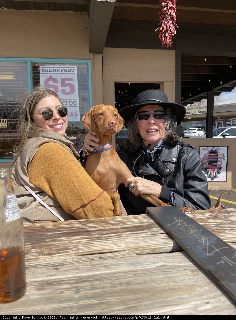 Two Women and a Four-Legged Friend Enjoying the Santa Fe Sunshine