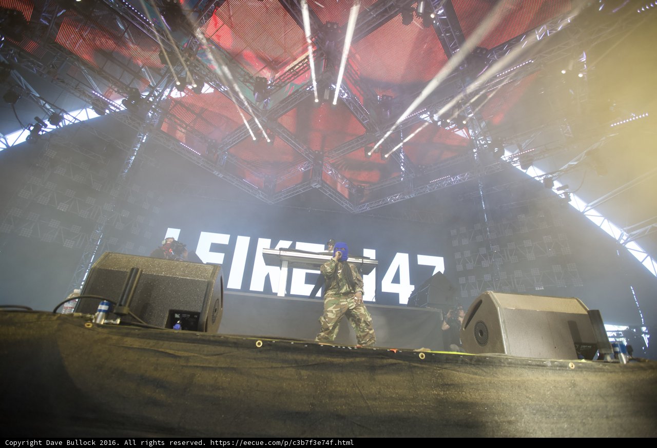 Man on stage with sign "Fine4" at Coachella Concert