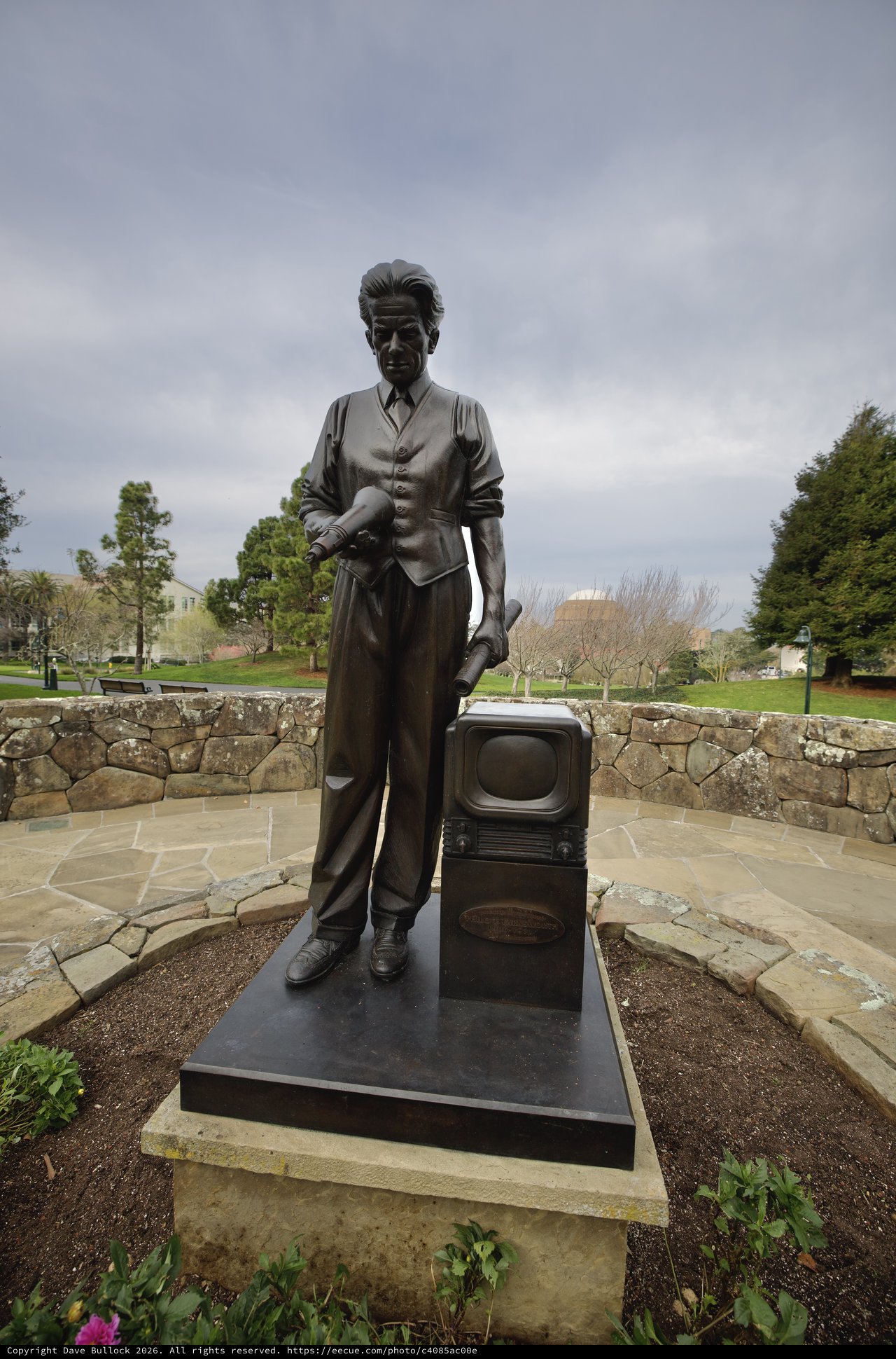 Bronze Statue Commemorating Television Pioneer with Vintage TV Set