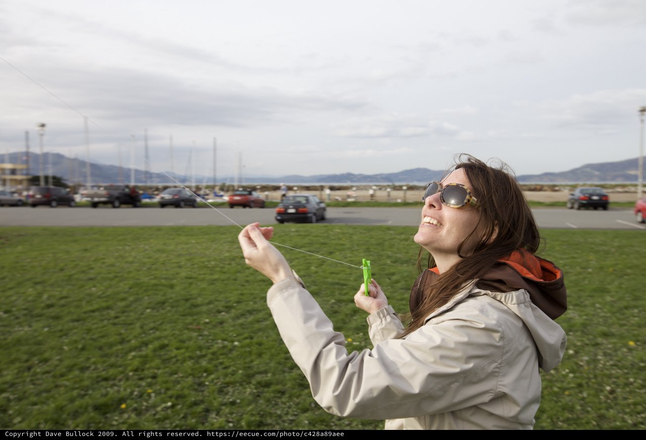 Joyful Woman Flying Kite by San Francisco Bay