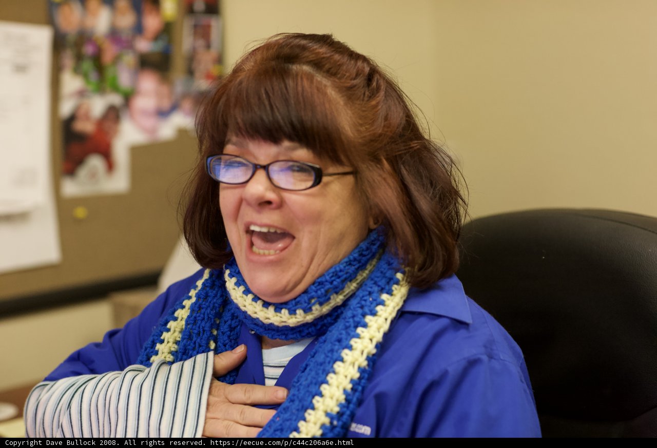 Blue and White Scarf on Arm