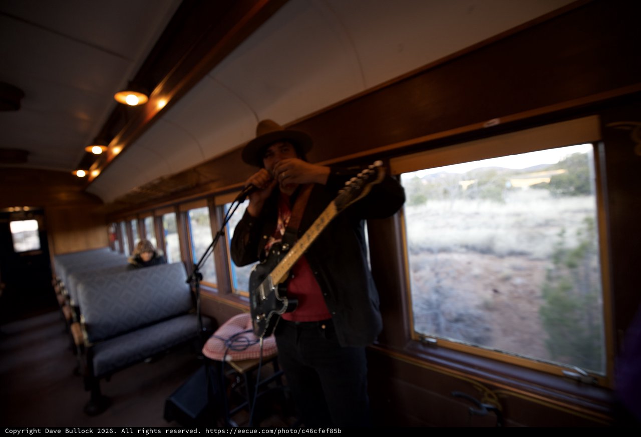 Train Musician Performing During Scenic Desert Journey