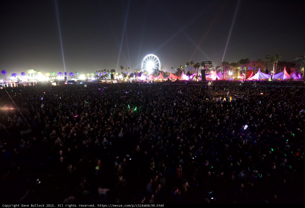 Nighttime Crowd at Coachella with Ferris Wheel in the Background