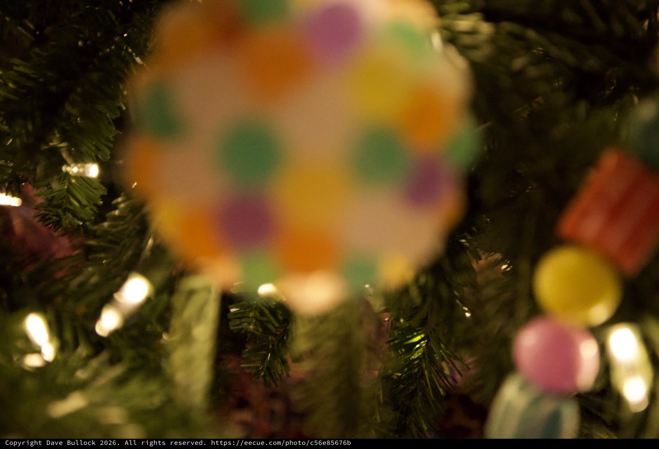 Colorful Christmas Ornament Through Evergreen Branches
