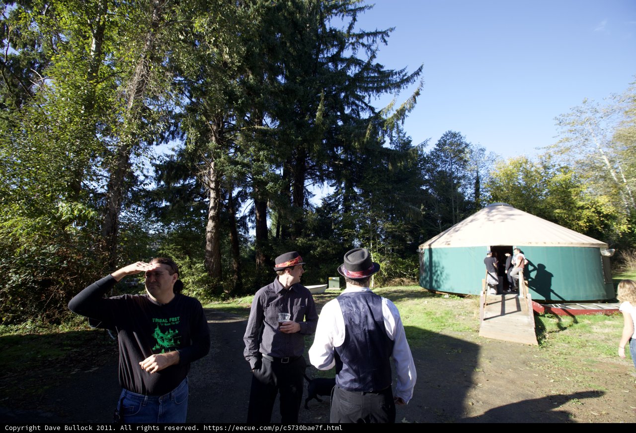 Group Gathering Outside of Yurt at Wickstrom Wedding