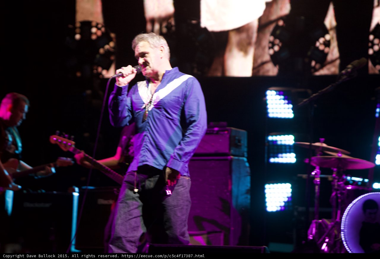Morrissey Three Quarter Blue Shirt Necklaces LED Panels Drums Red Bass Smiths Dangling Hands Screen