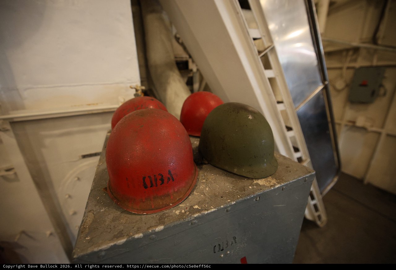 Vintage Hard Hats in Industrial USS Hornet Interior