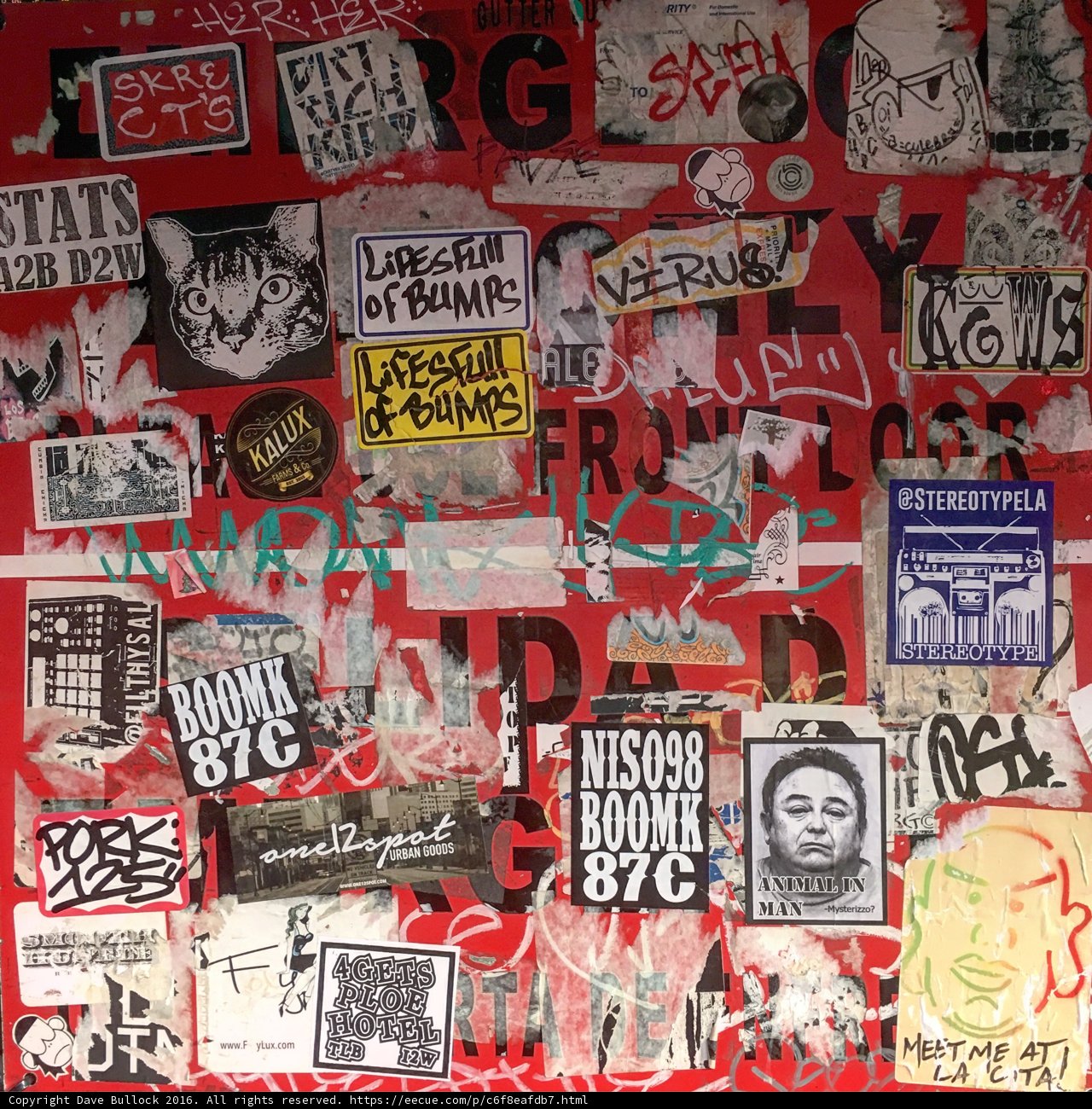 Sticker Collage Adorning a Red Wall