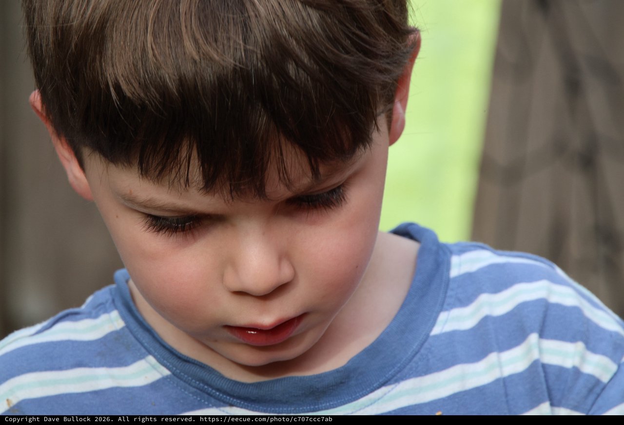Young Boy in Blue Striped Shirt Looking Down